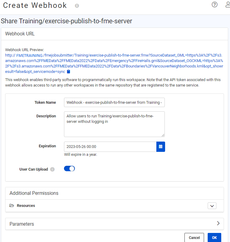 Create Webhook confirmation page